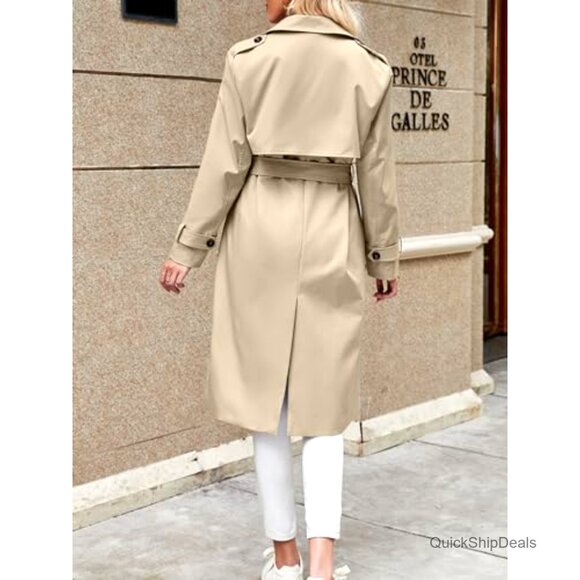 Women's Double Breasted Trench Coat Windproof Long Lapel Belted Overcoat - Picture 5 of 7